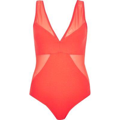 Coral mesh and crepe plunging bodysuit